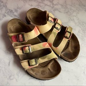 Papillio Birkenstock Three Strap Floral Cream Pink Strap Cork Sandals